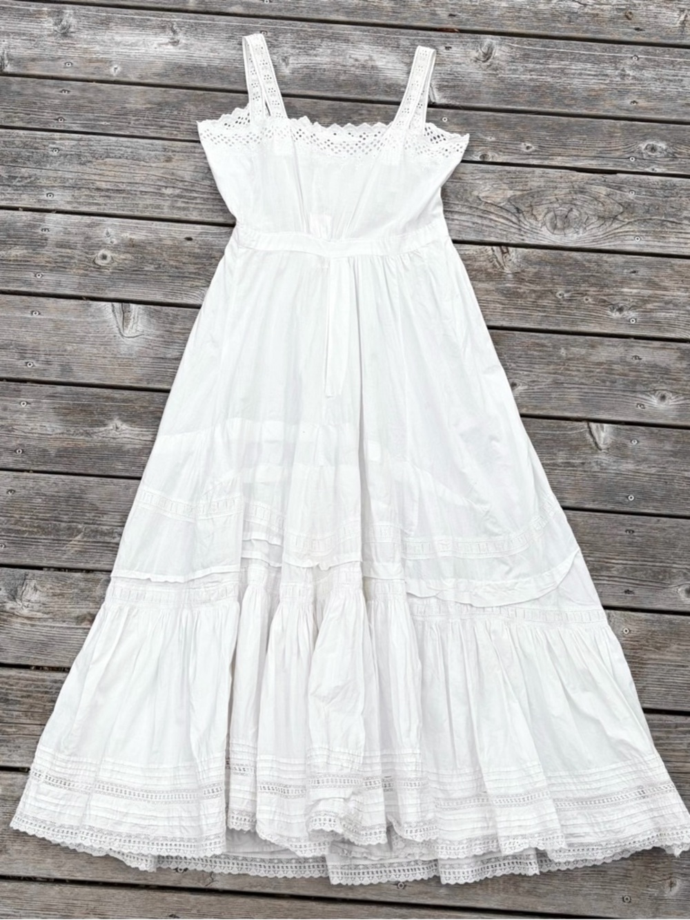Antique Edwardian White Cotton Eyelet Tiered Prairie Midi Petticoat Dress Size 8